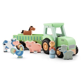 Wooden tractor with trailer and 5 animals